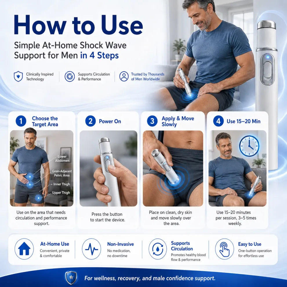 Advanced Acoustic Shockwave Therapy restores penile tissue health to enhance rise rigidity, stamina, and male performance confidence, relieving muscle pain, joint stiffness, tendon discomfort