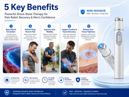 Advanced Acoustic Shockwave Therapy restores penile tissue health to enhance rise rigidity, stamina, and male performance confidence, relieving muscle pain, joint stiffness, tendon discomfort