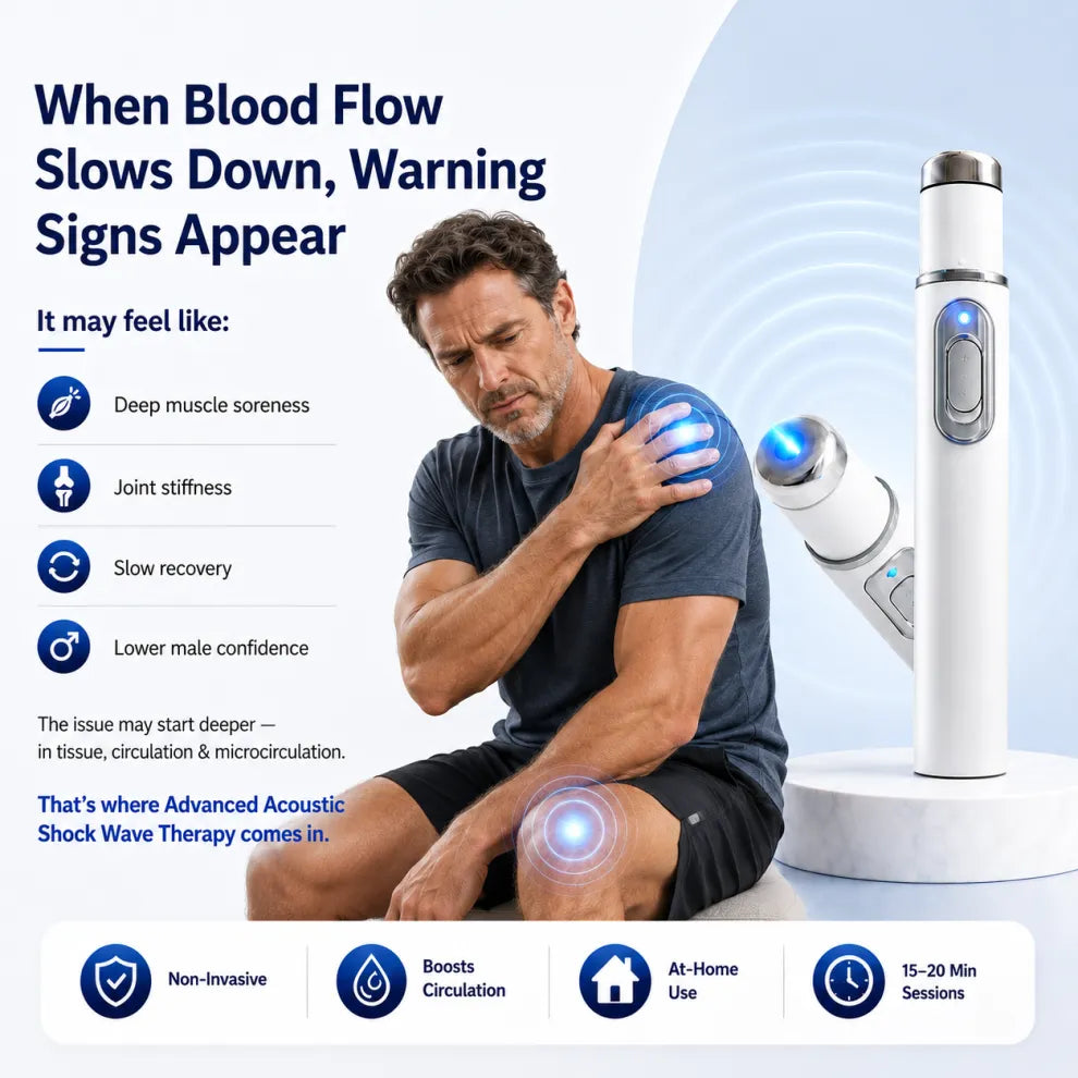 Advanced Acoustic Shockwave Therapy restores penile tissue health to enhance rise rigidity, stamina, and male performance confidence, relieving muscle pain, joint stiffness, tendon discomfort